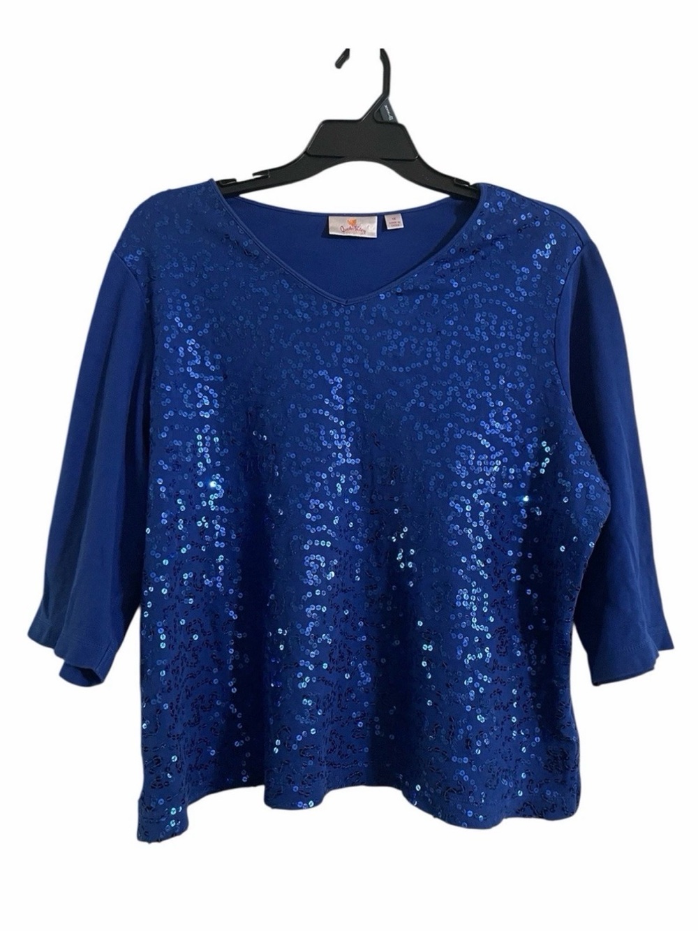 Quacker Factory Royal Blue Sequin V-Neck 3/4 Sleeve Top Plus Size 1X